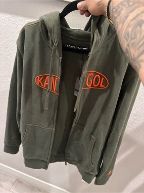 Kangol Olive Green Zip Hoodie with Bright Orange Embroidery